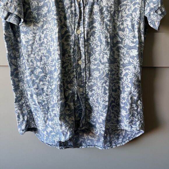 Banana Republic Linen Button Up Shirt Men Sz L Blue Chambray Floral Short Sleeve - Picture 3 of 11